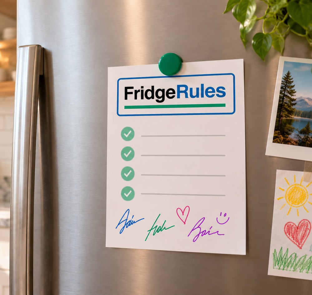 A signed fridge rule on a fridge door